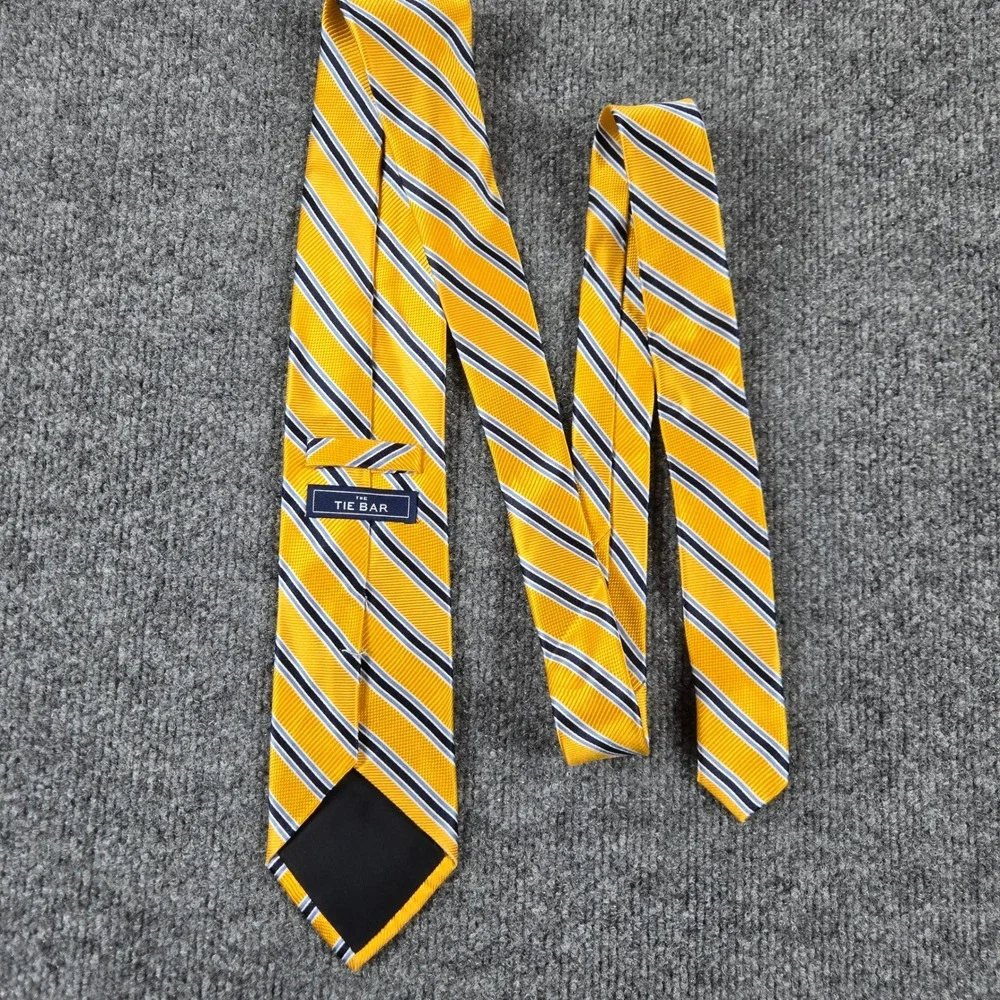 The Tie Bar Necktie Mens Yellow Navy Blue Striped 100% Silk Stain Resistant